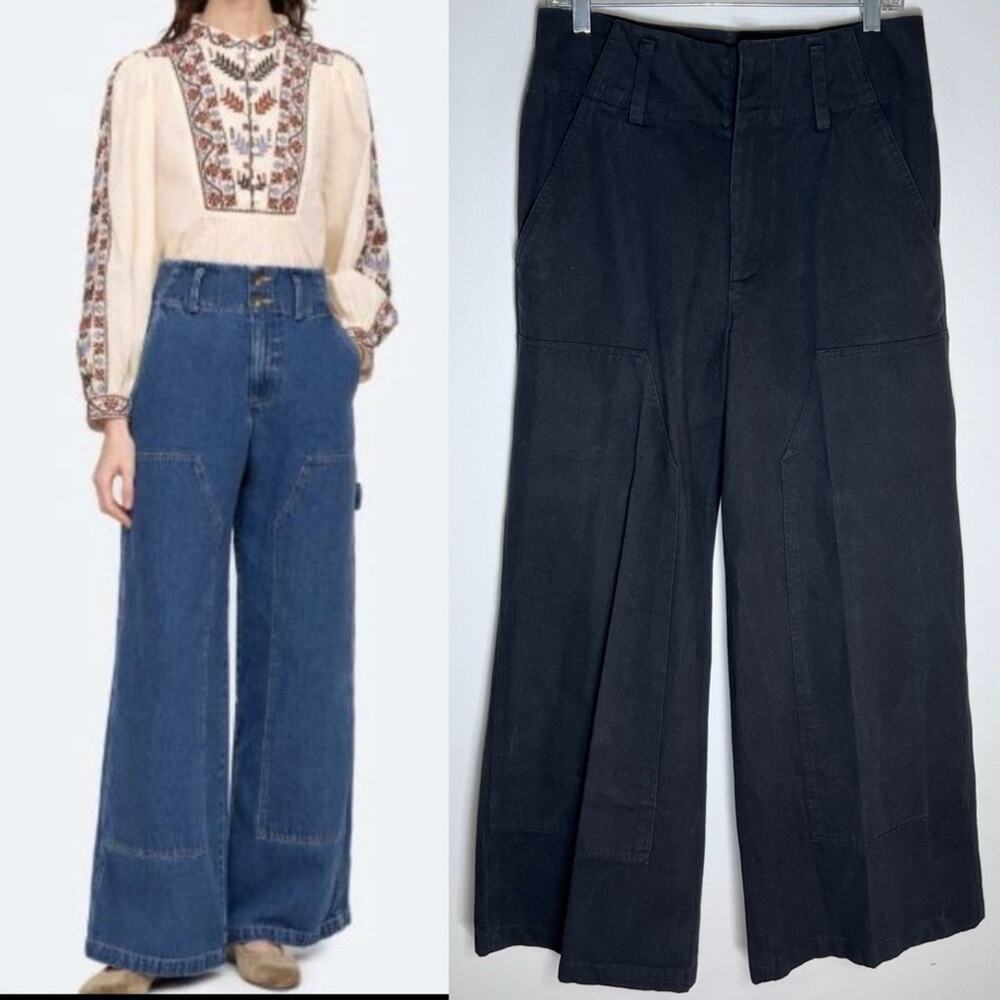 Sea New York‎ Zoe Wide Leg Cargo Pants Black Twill Cotton Patch Front Sz 8